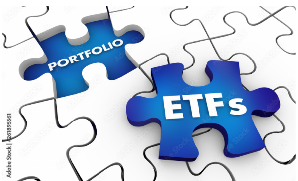 Éléments de puzzle blancs avec des puzzles bleus avec des mots sur les portefeuilles et les ETFs