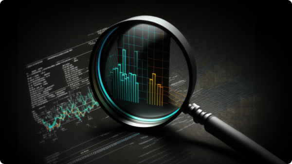 Scrittura dell'ETF e grafici dei prezzi degli indici del mercato azionario sotto la lente d'ingrandimento.