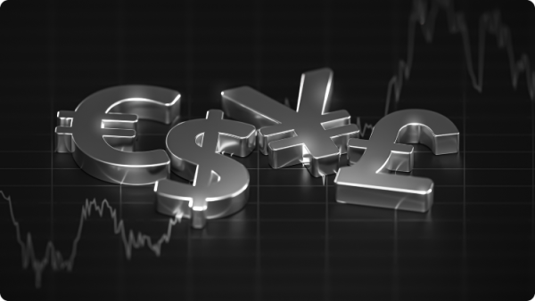 Kovové symboly měny ve 3D na tmavém pozadí