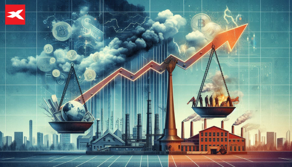 Illustrazione divisa della stagflazione: in alto, grafico ascendente con prezzi in aumento; in basso, fabbrica inattiva. Al centro, bilancia sbilanciata verso l'inflazione. Sfondo con cielo tempestoso, banconote volanti e orologio