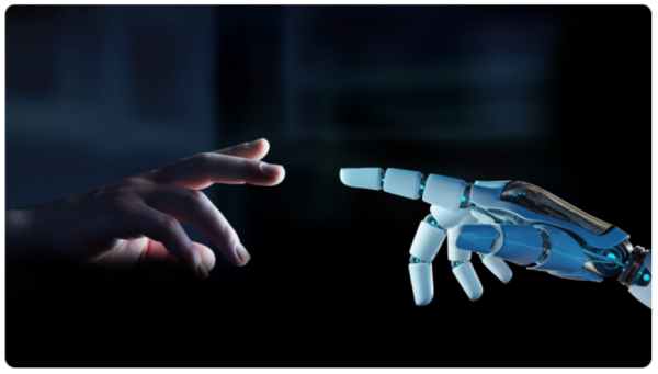 Une main robotique tendue vers une main humaine, symbolisant le lien entre l'homme et la machine.